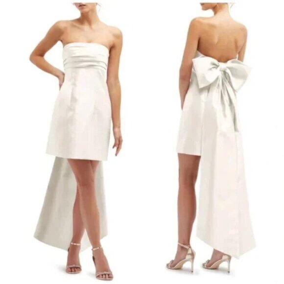 ALFRED SUNG Oversize Bow Back Strapless Minidress in Ivory Size US 0 - Picture 2 of 10